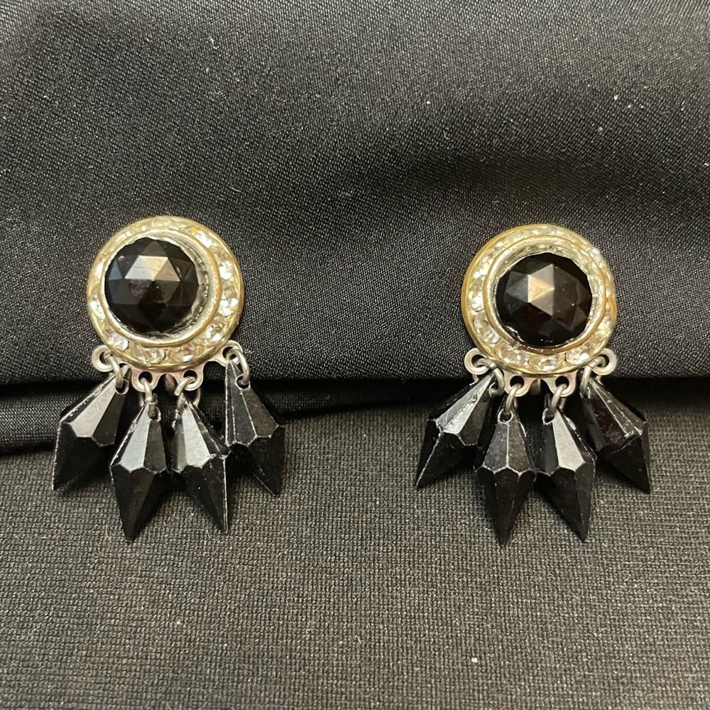 Vintage Screw Back Earrings w/ Rhinestones and Black Beads EVC
